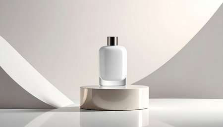 White cosmetic bottle mockup on white podium. 3D rendering.の素材