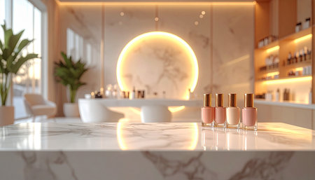 Nail polish bottles on white marble table in beauty salon. 3d renderingの素材