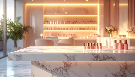 Pink nail polish bottles on white marble countertop in modern bathroom. 3D Renderingの素材