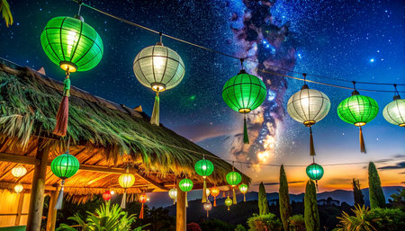 Colorful lanterns in the night sky at Chiang Rai, Thailand.の素材
