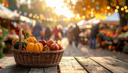 Colorful pumpkins and apples in a basket on a wooden table with a blurred backgroundの素材
