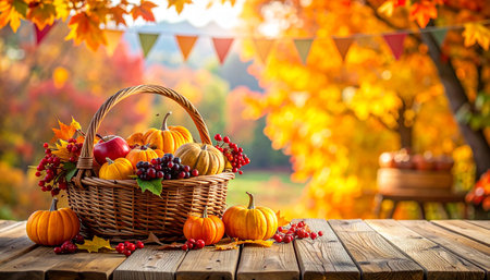 Autumn background with pumpkins, berries and leaves in basket on wooden tableの素材