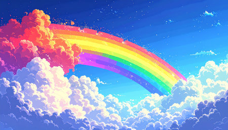 Rainbow in the sky with clouds. Vector illustration. EPS 10の素材