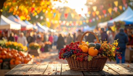 Basket with pumpkins and berries on the background of autumn marketの素材