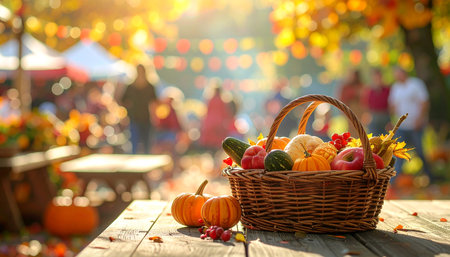 Wicker basket with pumpkins and apples on wooden table in autumn parkの素材