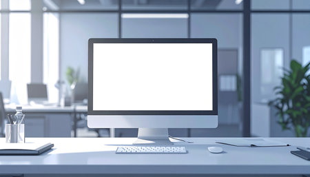 Close up of modern office desktop with blank white computer screen. Mock up, 3D Renderingの素材