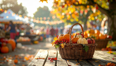 Wicker basket with pumpkins on wooden table in autumn park.の素材