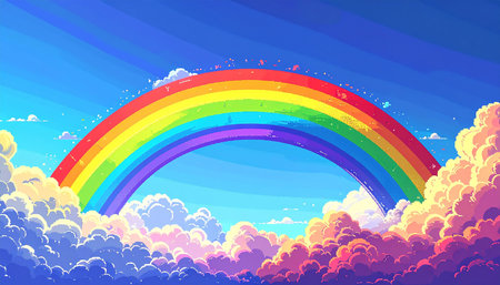 Rainbow in the sky with clouds. Colorful vector illustration.の素材