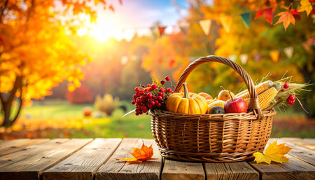 Autumn harvest in wicker basket on wooden table in park.の素材