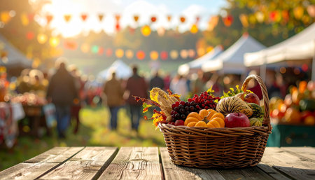 Wicker basket full of autumn fruits and vegetables on wooden table in front of farmers marketの素材