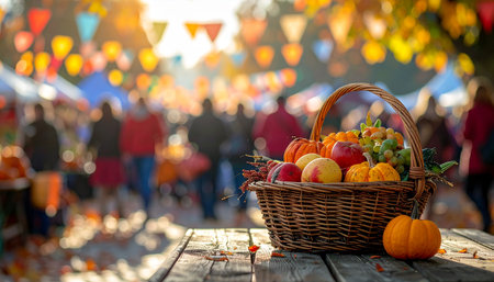 Basket with autumn fruits and vegetables on the background of the autumn festivalの素材