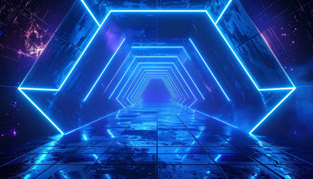 3d render, abstract futuristic background, neon lights, tunnel, corridorの素材