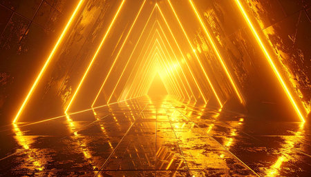 abstract 3d illustration of glowing neon tunnel with reflection on floorの素材