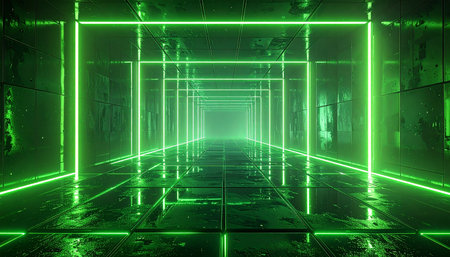 3D rendering of a futuristic corridor with neon lights and reflections.の素材