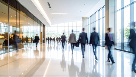 Blurred image of business people walking in a modern office building.の素材