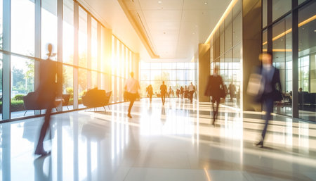 Silhouette of business people walking in modern office lobby with sunlight effect.の素材