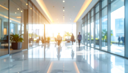 Abstract blur background of business people walking in the lobby of a modern office buildingの素材