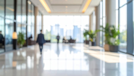Blurred image of business people walking in the lobby of a modern office buildingの素材