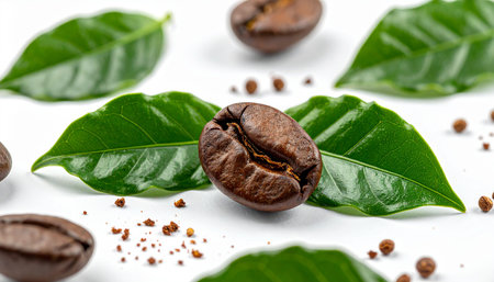 Coffee beans and green leaves on white background, closeupの素材