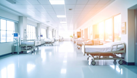Blurred image of hospital corridor with patient bed, shallow depth of fieldの素材