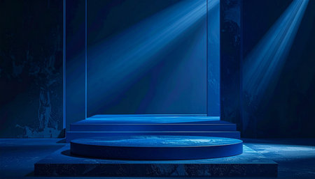 Stage Podium Scene for Award Ceremony illuminated with spotlight. Award ceremony concept. 3d renderの素材