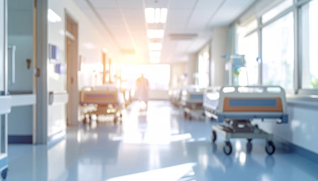 Blurred image of hospital corridor for background usage. Abstract blur background.の素材