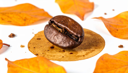 Coffee beans and autumn leaves on white background, close upの素材