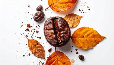coffee beans and autumn leaves on a white background, top viewの素材