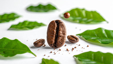 Coffee beans and green leaves on white background. Close up.の素材