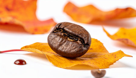 Coffee beans and autumn leaves isolated on a white background.の素材