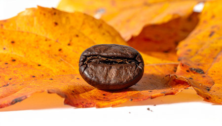Coffee beans and autumn leaves isolated on a white background.の素材