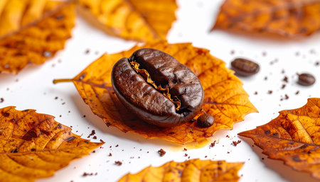 Coffee beans and autumn leaves on white background, closeupの素材