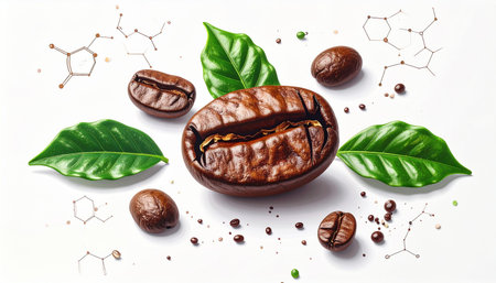 Coffee beans with green leaves and chemical formula on white backgroundの素材