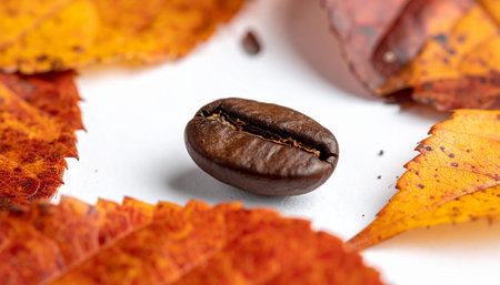 Coffee beans and autumn leaves on white background, close upの素材