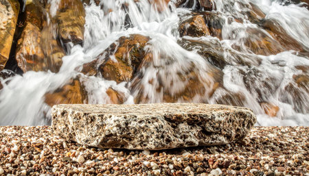 stone platform in front of blurred waterfall background - can be used for display or montage your productsの素材