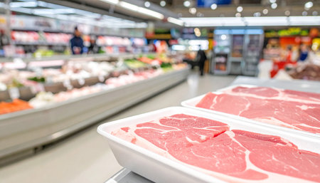 Close up of fresh meat in supermarket with blurred people in background.の素材