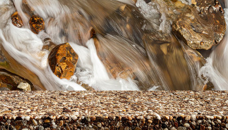 Wooden floor with blurred mountain stream background. For display or montage your productsの素材