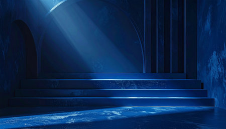 Abstract blue background with stairs and spotlights, 3d render illustrationの素材