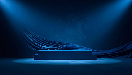 Blue stage background with curtain and spotlights, 3d render illustrationの素材