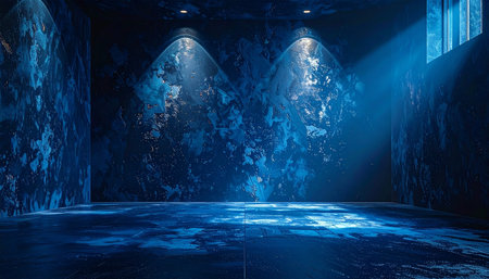 Abstract empty dark blue room with spotlights. 3D Renderingの素材