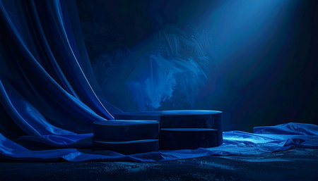 Blue stage background with spotlights and blue curtains. 3d renderingの素材