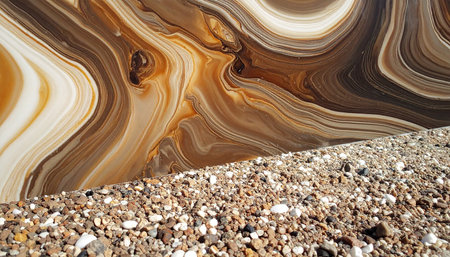 Marble texture background. Marbles of different colors on the sand.の素材