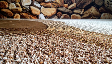 Garden stone wall texture with pebbles and gravel background.の素材