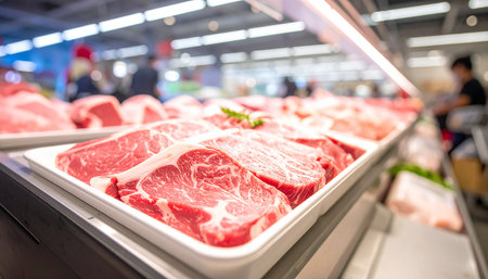 Raw fresh meat in the supermarket. Selective focus. Shallow depth of fieldの素材