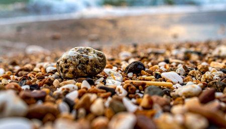 Pebbles and shells on the beach. Selective focus.の素材
