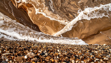 Beach with sand, pebbles and waves on a sunny day.の素材