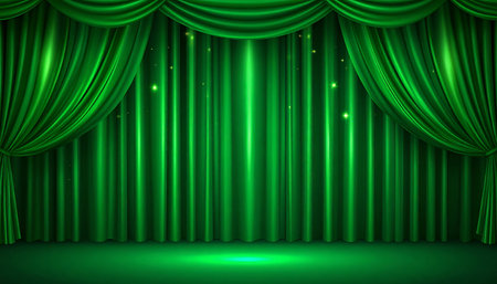 Green theater curtain with spotlights. Stage background. Vector illustration.の素材