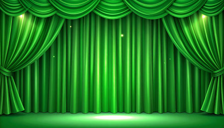 Green theater curtain with spotlights. Stage background. Vector illustration.の素材