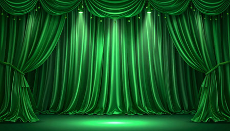 Realistic green theater curtain with spotlights. Stage background. Vector illustrationの素材