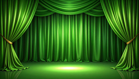Green theater curtain with spotlights. Vector illustration for your design.の素材
